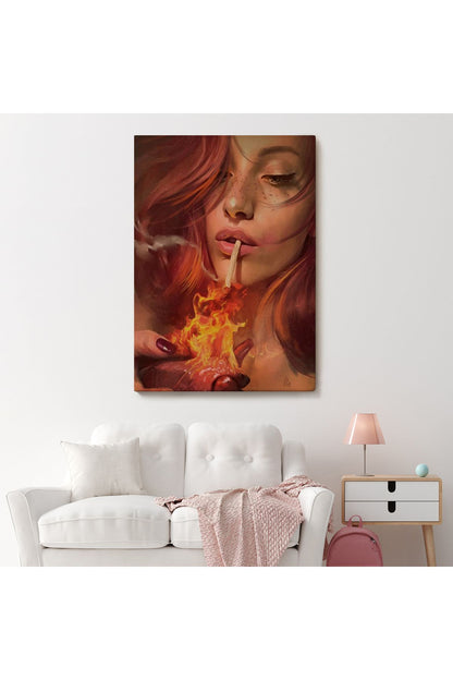 Platonik Aşkın Tavrı Sigarasını Yanan Bir Kalpten Yakan Kadın Kanvas Tablo-5247
