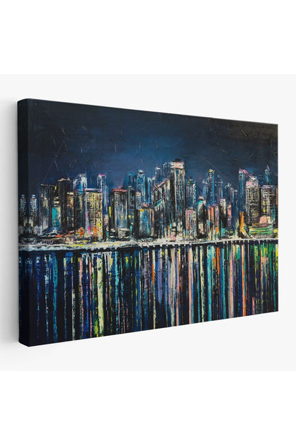 Kıyı Şehrin de Gece Yağlıboya Görünüm Dekoratif Kanvas Duvar Tablosu-3526
