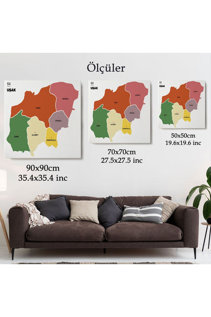 Uşak İli ve İlçeler Haritası Dekoratif Kanvas Tablo 1476