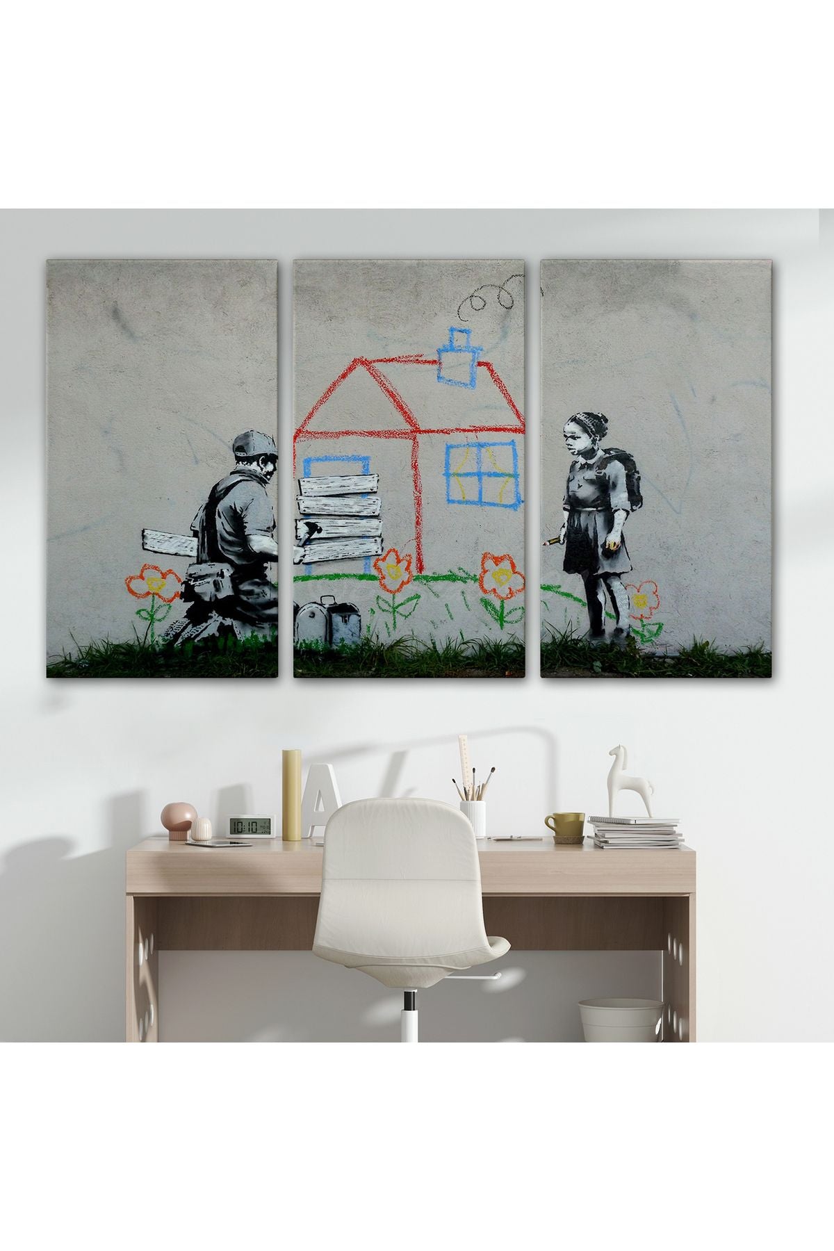 Bansky Çocuğun Çizdiği Evin Kapısını Kapatan Adam Kanvas Tablo-5019