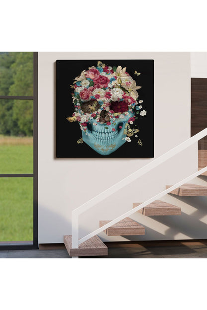 Renkli Çiçeklerle Kafatası Kanvas Tablo, Ölülerin Günü Baskıları, Şeker Kafatası-5332