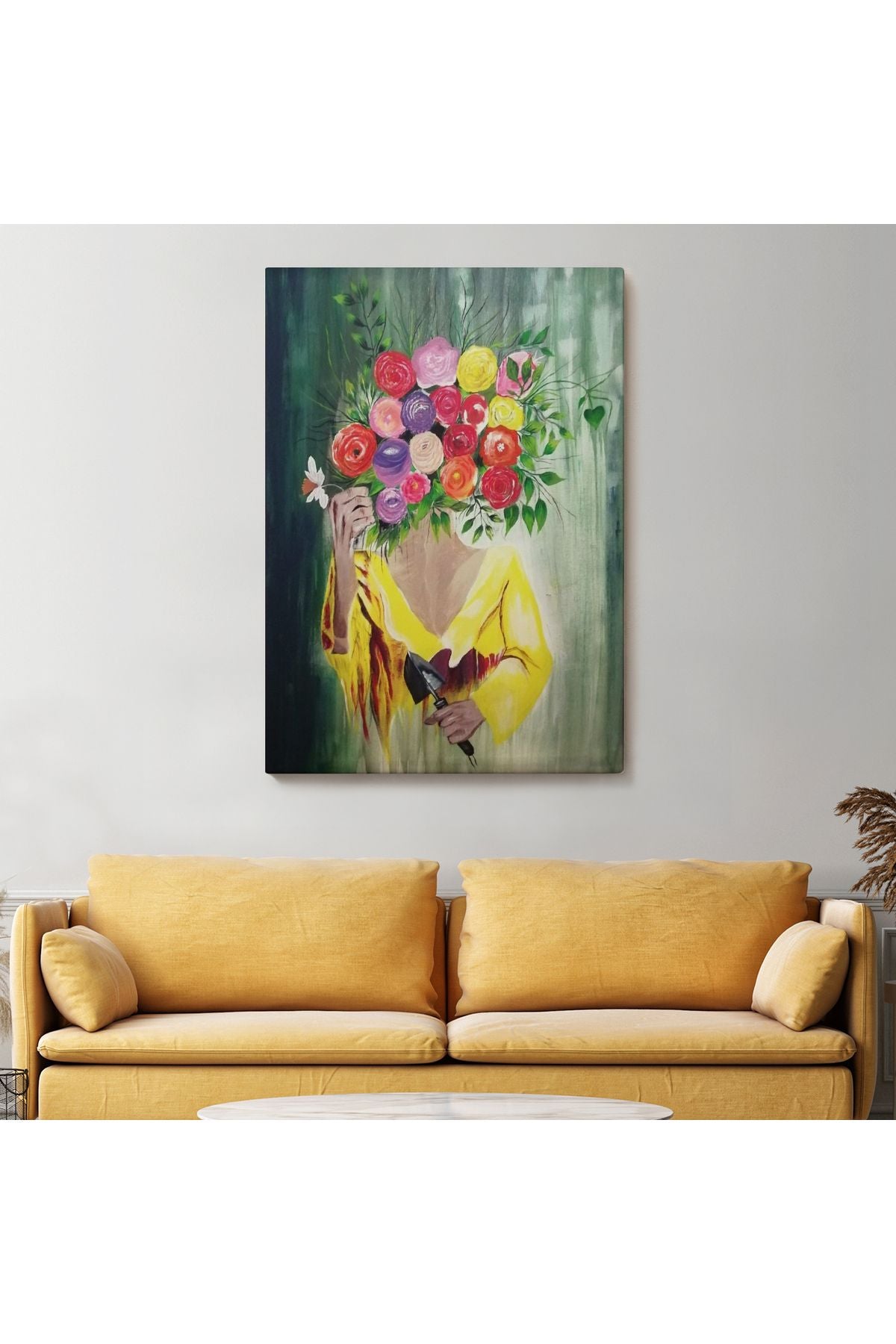 Çiçek Başlı Kadın Portresi Yağlıboya Görünüm Dekoratif Duvar Tablosu-6394