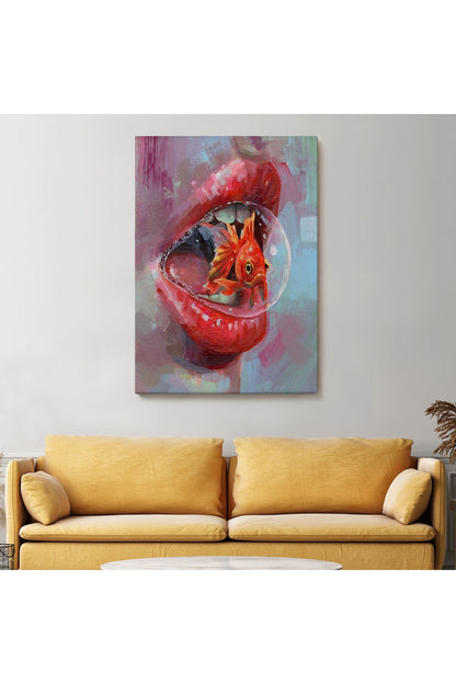 Kırmızı Rujlu Dudak Balon Içerisinde Turuncu Japon Balığı Duvar Tablosu-6293