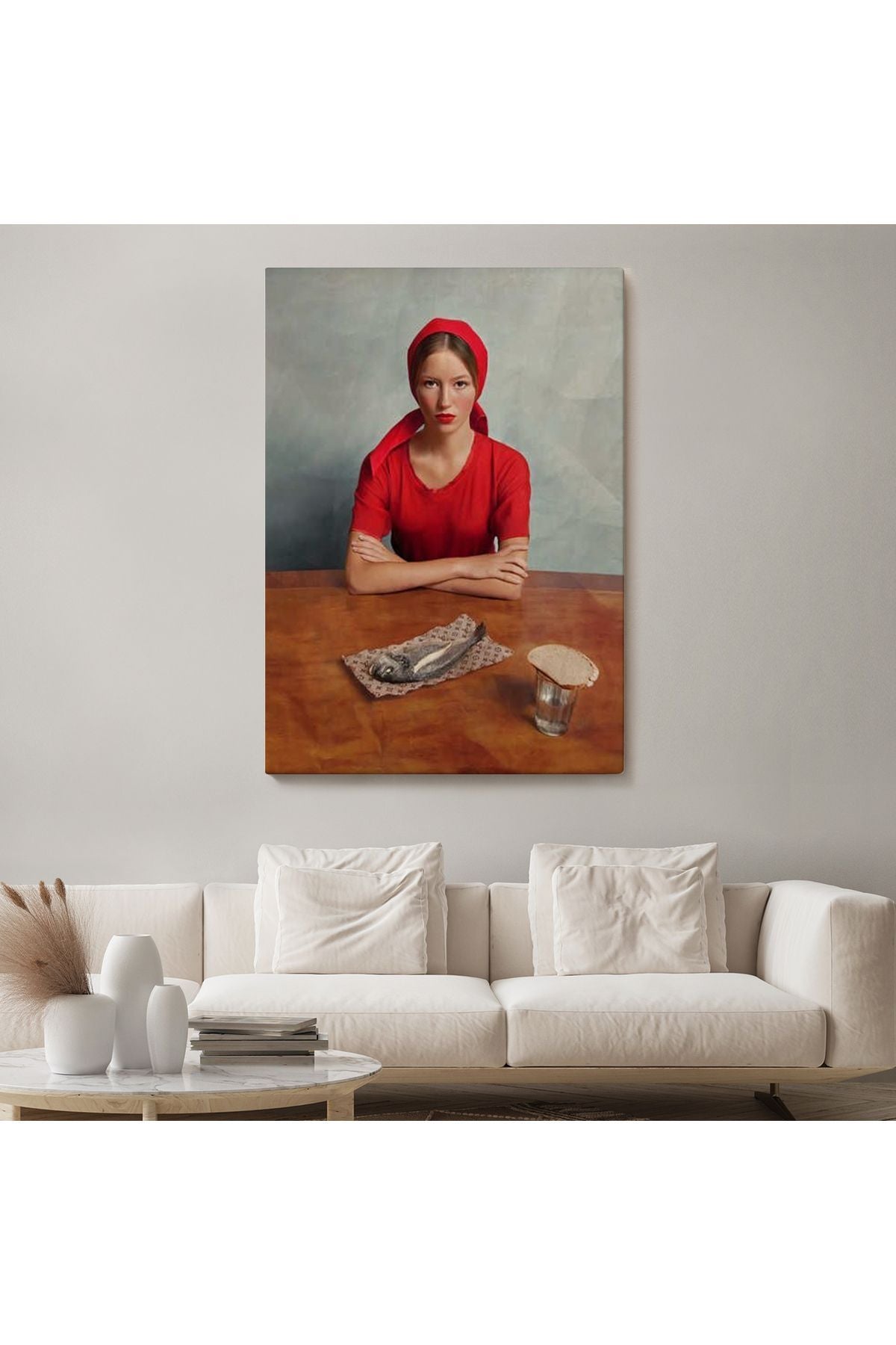 Dekoratif Kanvas Tablo-Balık ve Kırmızı Kıyafetli Kız Duvar Tablosu 6264