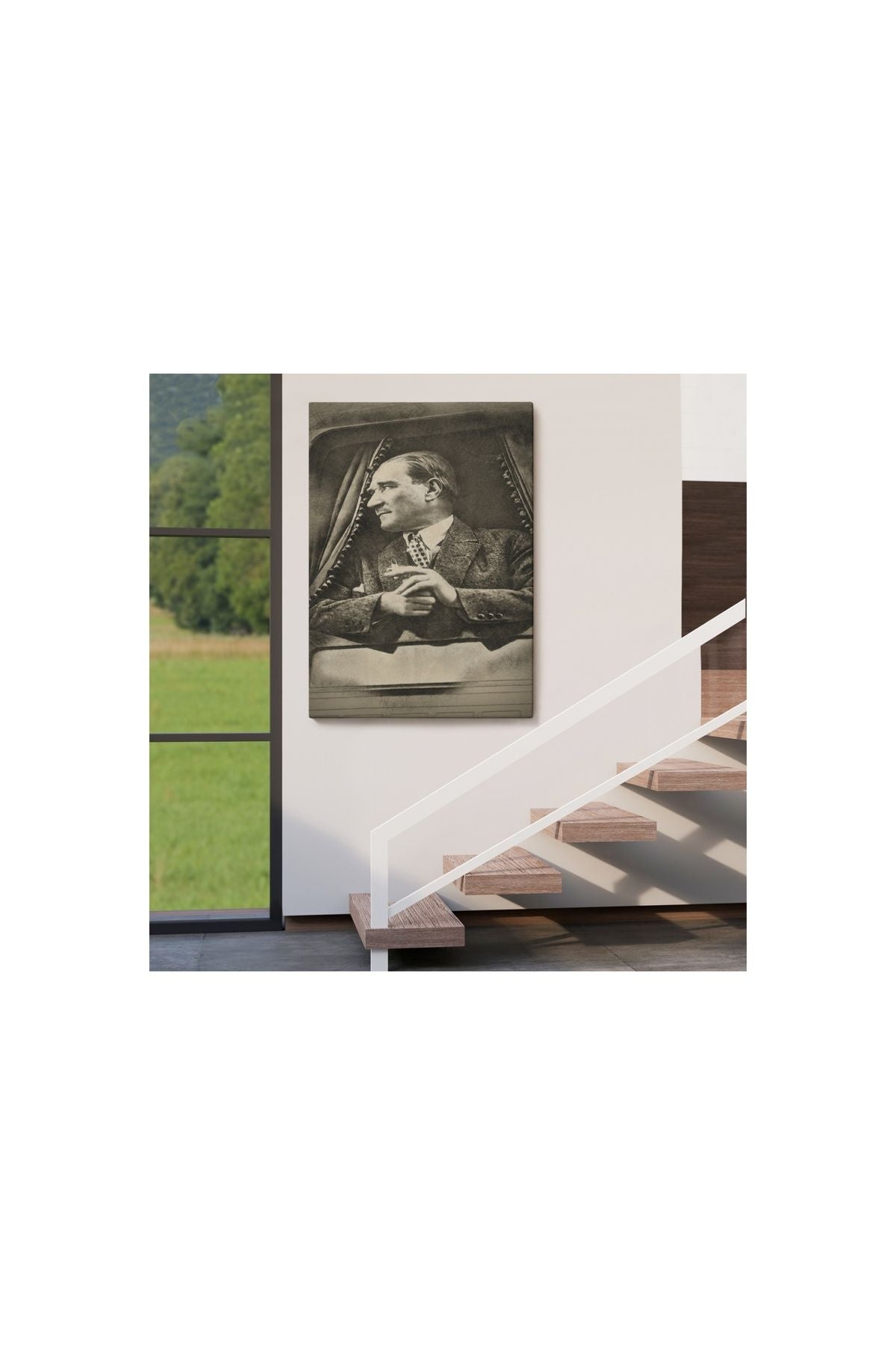 Mustafa Kemal Atatürk'ün Karakalem Görünümlü Portre Çizimi Dikdörtgen Dekoratif Kanvas Tablo-de-82