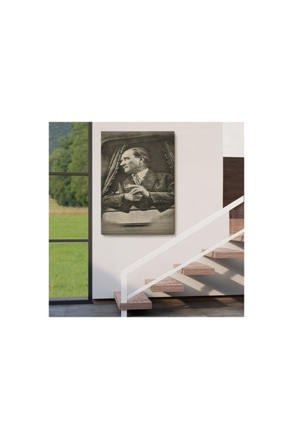 Mustafa Kemal Atatürk'ün Karakalem Görünümlü Portre Çizimi Dikdörtgen Dekoratif Kanvas Tablo-de-82