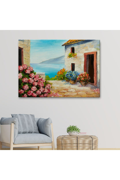 Çiçekler Arasındaki Deniz Manzaralı Ev Duvar Tablosu-3640