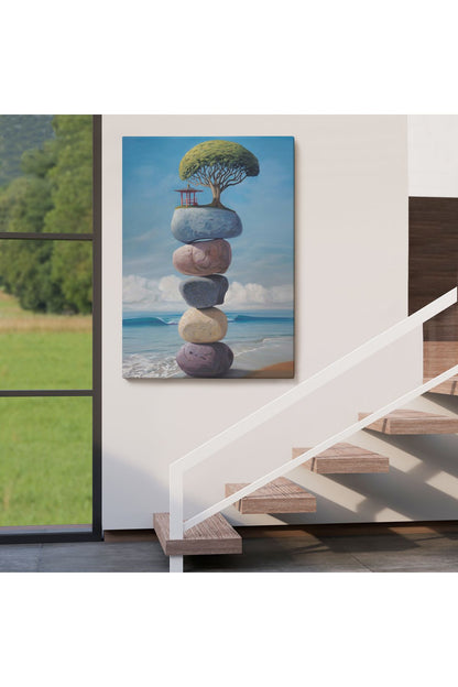 Sahilde Renkli Denge Taşları Kanvas Tablo, Terapi, Meditasyon, Yoga Baskısı-5322