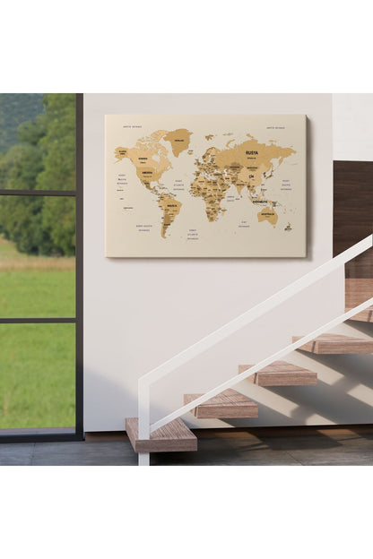 Türkçe Dünya Haritası Kanvas Tablo Ülke Başkent Detaylı ve Dekoratif 2618