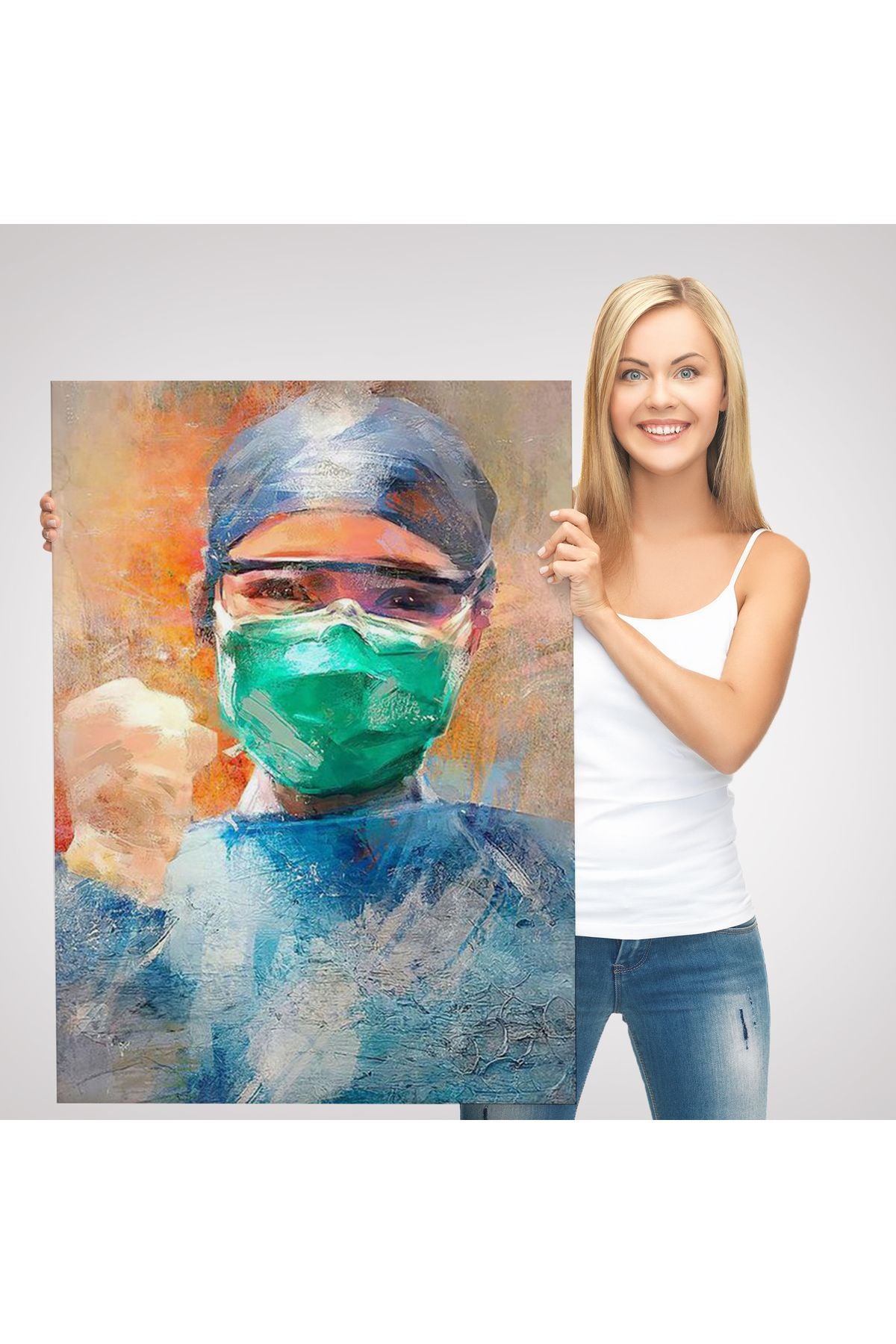 Covid 19 Dövüşen Soyut Hemşire Portresi, Tıbbi Soyut Kanvas Tablo-5246