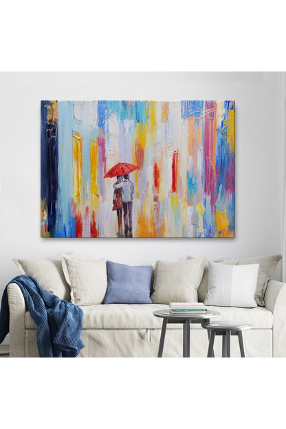 Kırmızı Şemsiyeli Sevgililer Yağlıboya Görünüm Kanvas Duvar Tablosu-3452