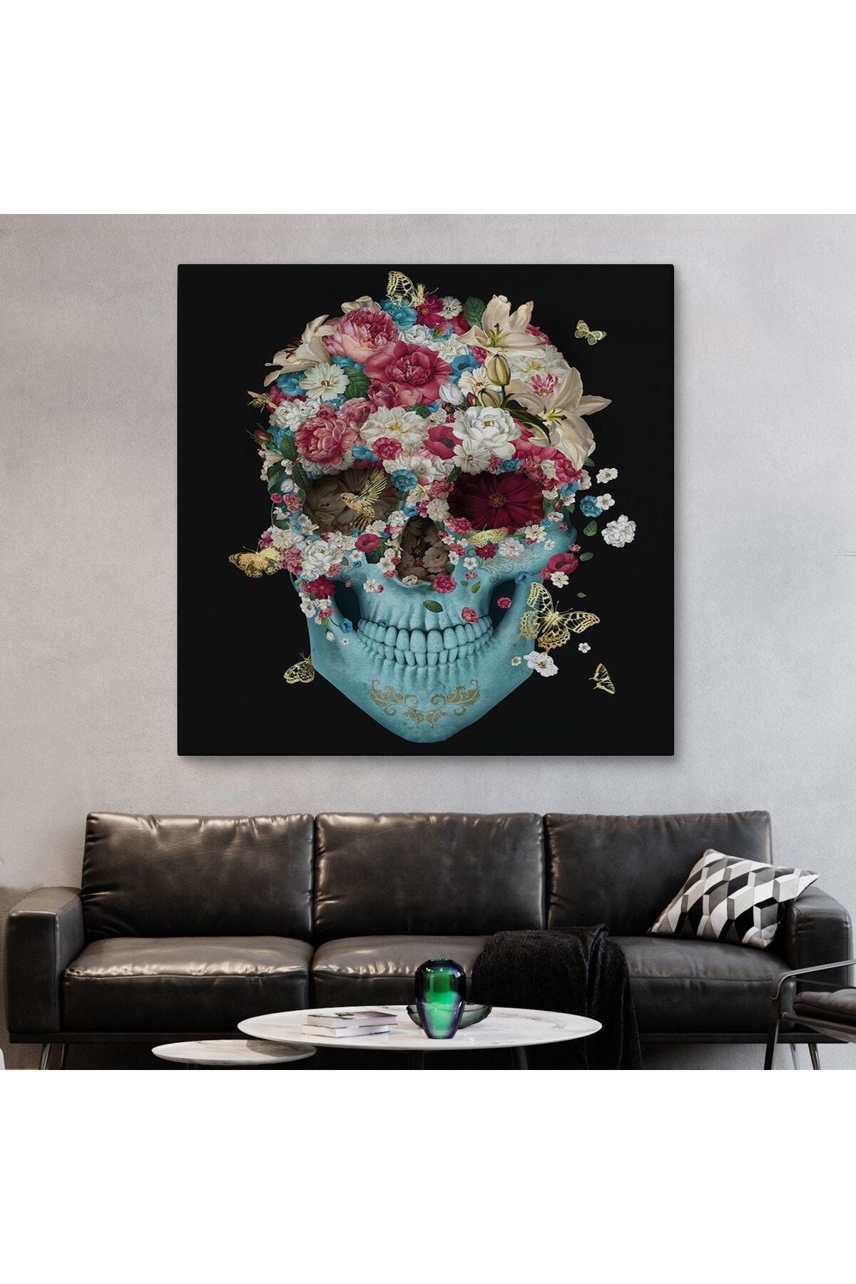 Renkli Çiçeklerle Kafatası Kanvas Tablo, Ölülerin Günü Baskıları, Şeker Kafatası-5332