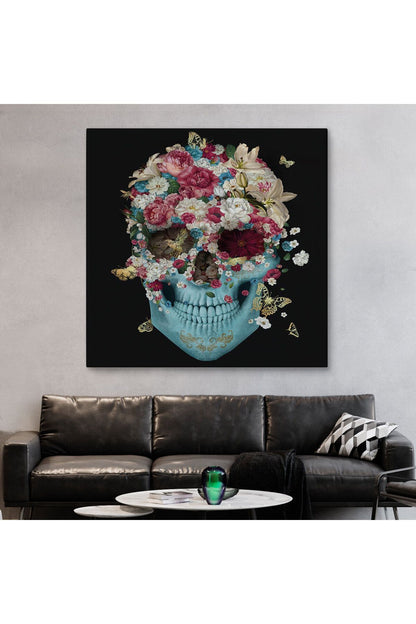 Renkli Çiçeklerle Kafatası Kanvas Tablo, Ölülerin Günü Baskıları, Şeker Kafatası-5332