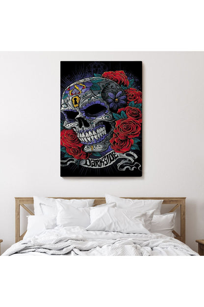 Renkli Çiçeklerle Kafatası Posteri, Şeker Kafatası Sanatsal Kanvas Tablo-5256
