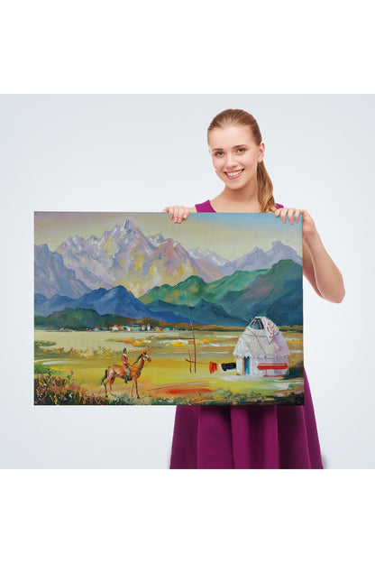 Kazakistan da Bir Göçebe Çadırı Yağlıboya Görünüm Dekoratif Kanvas Duvar Tablosu-3601