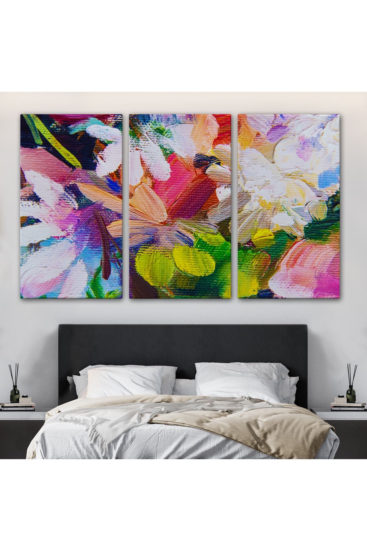DB Renkli Çiçek Desenli Yağlıboya Görünüm Dekoratif Kanvas Duvar Tablosu-3566