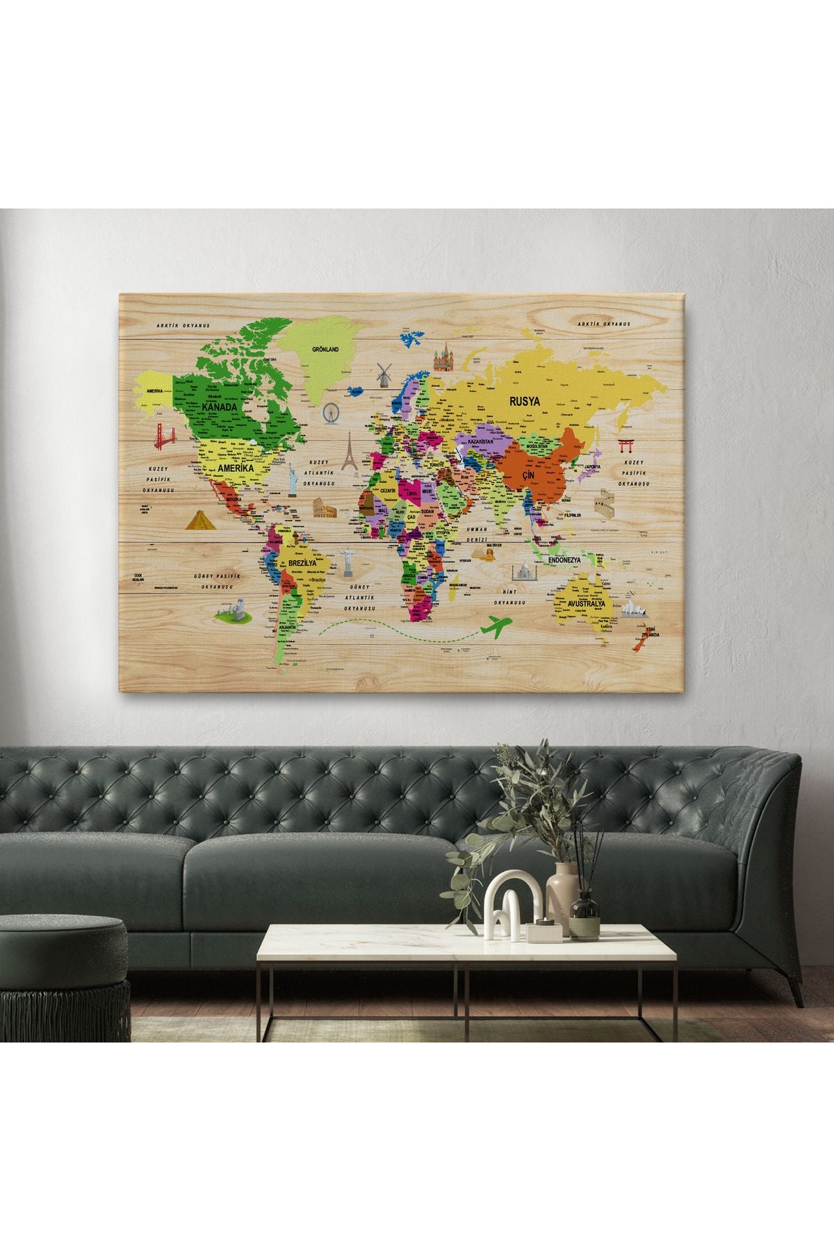 DB  Ahşap Görünümlü Türkçe Dünya Haritası Sembollü Eğitici Dekoratif Kanvas Tablo 2911