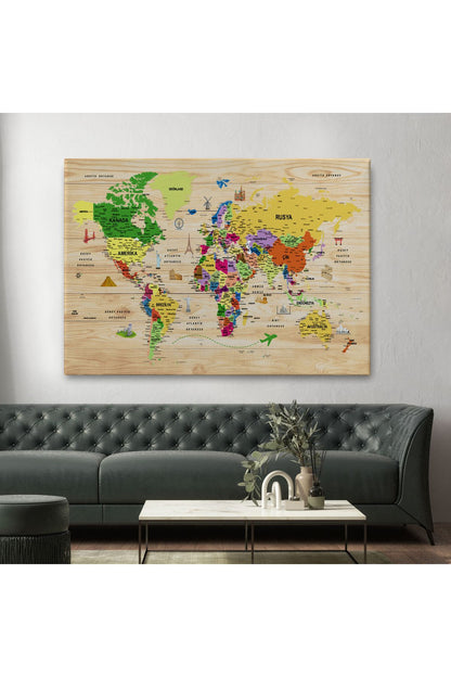 DB  Ahşap Görünümlü Türkçe Dünya Haritası Sembollü Eğitici Dekoratif Kanvas Tablo 2911