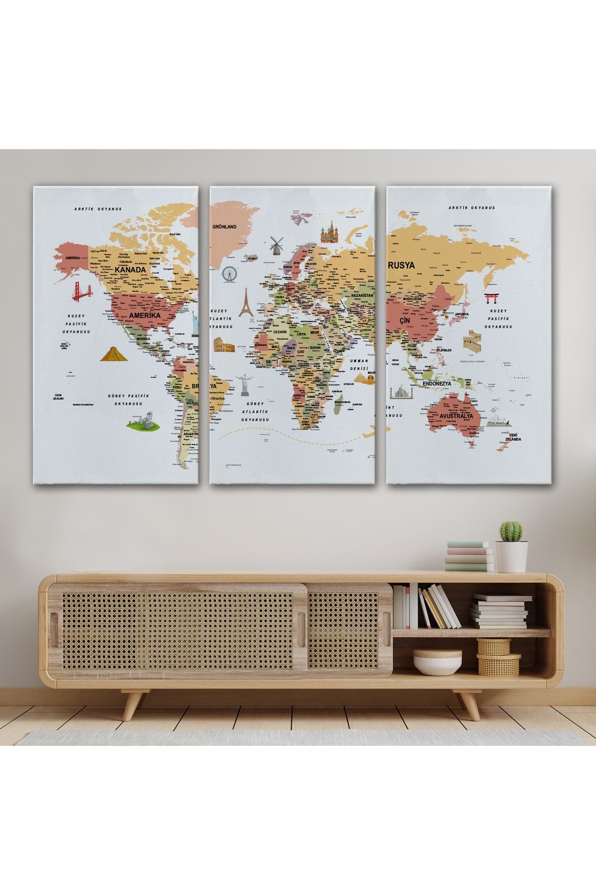 Türkçe Dünya Haritası Son Derece Ayrıntılı Eğitici ve Sembollü Kanvas Tablo 3206