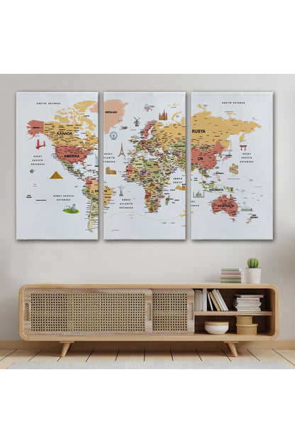 Türkçe Dünya Haritası Son Derece Ayrıntılı Eğitici ve Sembollü Kanvas Tablo 3206
