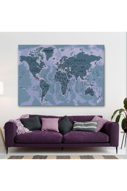 Dünya Haritası Son Derece Ayrıntılı Eğitici Okyanuslu Dekoratif Kanvas Tablo 2513