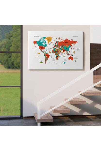 Türkçe Dünya Haritası Kanvas Tablo Ülke-Başkentli Öğretici ve Sembollü 2290