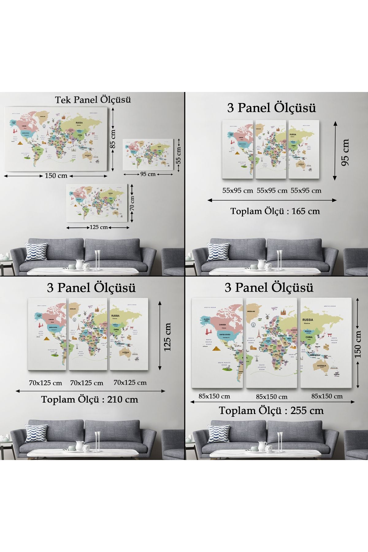 Dünya Haritası Dekoratif Kanvas Tablo Ülke ve Başkentli Öğretici ve Sembollü 2307