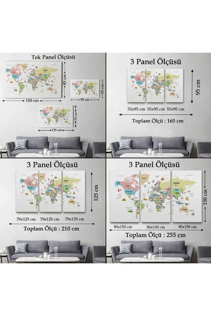 Dünya Haritası Dekoratif Kanvas Tablo Ülke ve Başkentli Öğretici ve Sembollü 2307