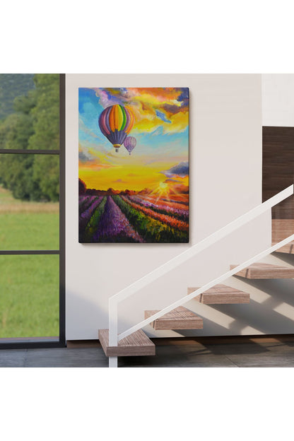 Lavanta Bahçesi Üzerinde Uçan Hava Balonu Yağlıboya Görünüm Kanvas Duvar Tablosu-5940