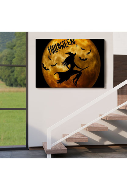 Dekoratif Kanvas Tablo, Duvar Tablosu-Cadılar Bayramı Süpürgedeki Uçan Cadı 5200