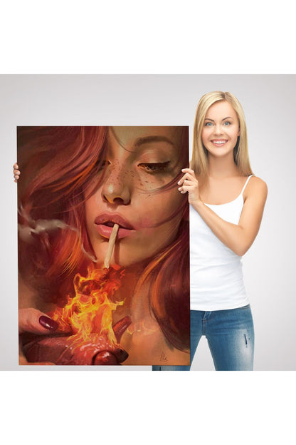 Platonik Aşkın Tavrı Sigarasını Yanan Bir Kalpten Yakan Kadın Kanvas Tablo-5247
