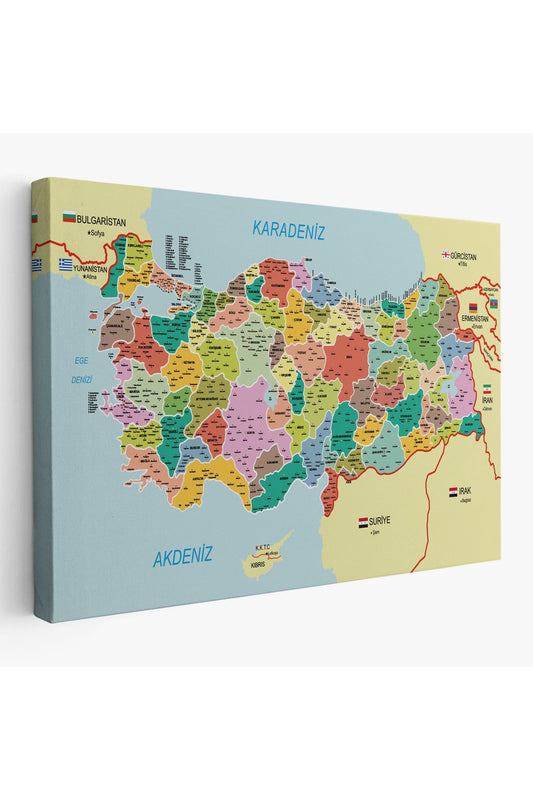 Türkiye Haritası Kanvas Tablo İl ve İlçeli Ayrıntılı Eğitici  Komşulu Tablo 3012