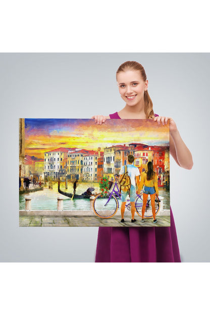Venedik Kanalına Bakan Romantik Çift Yağlıboya Görünüm Kanvas Tablosu-3625