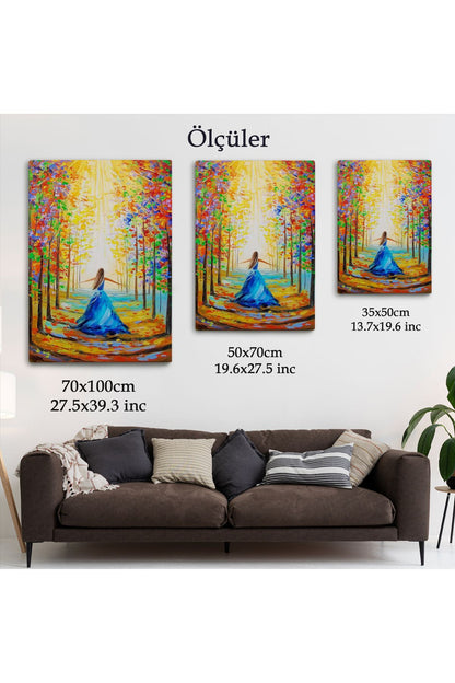 Renkli Ormanda Yürüyen Mavi Elbiseli Kadın Tablosu-6039