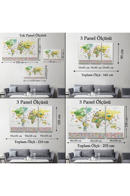 arg001 seri Türkçe Dünya Haritası Ayrıntılı Eğitici  Sembollü Bayraklı Dekoratif Kanvas Tablo 2848