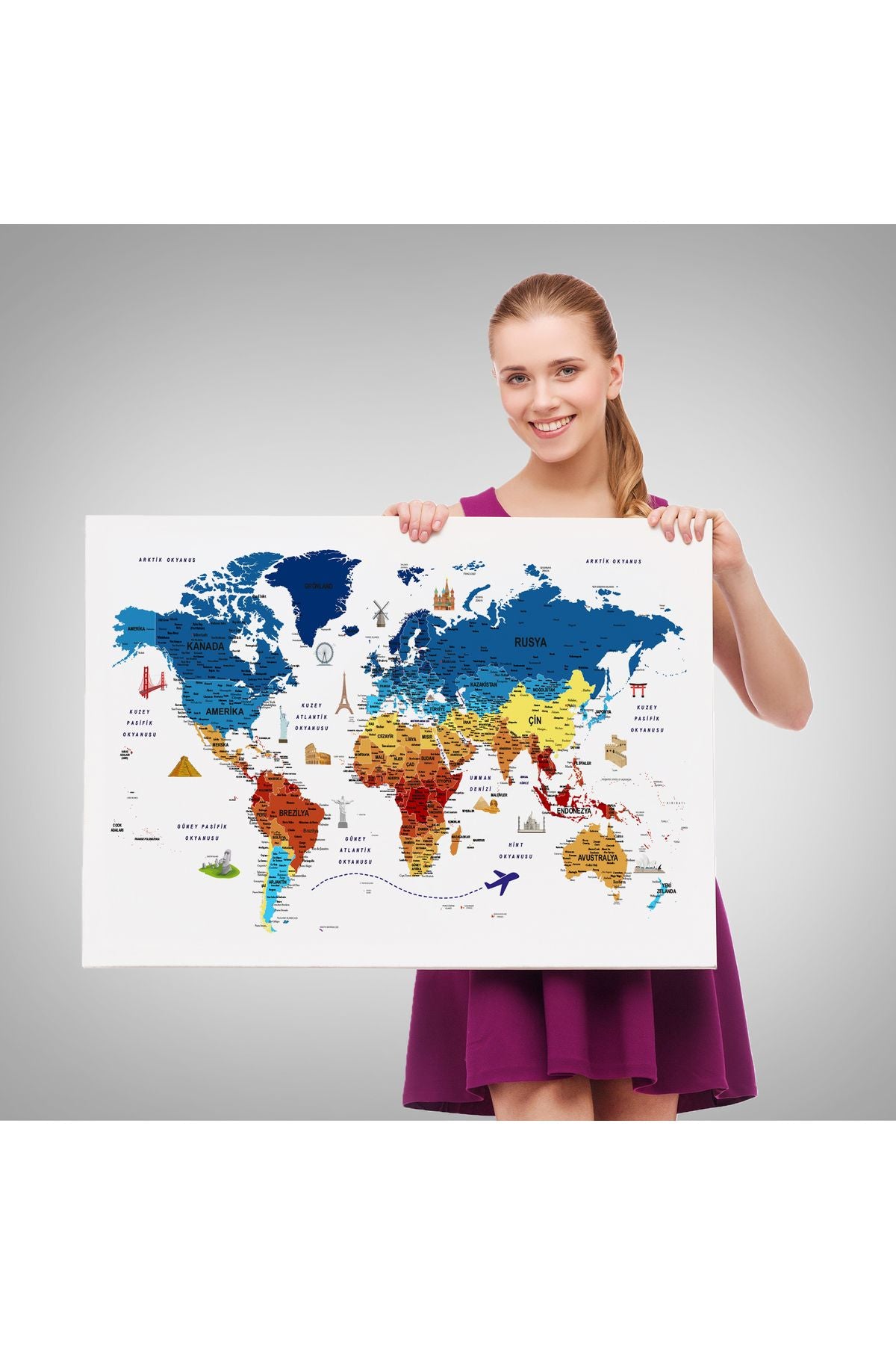 Türkçe Dünya Haritası Son Derece Ayrıntılı Eğitici ve Sembollü Kanvas Tablo 3166