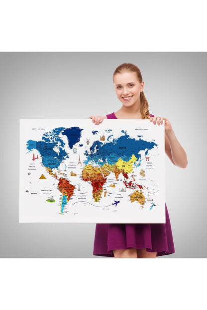 Türkçe Dünya Haritası Son Derece Ayrıntılı Eğitici ve Sembollü Kanvas Tablo 3166