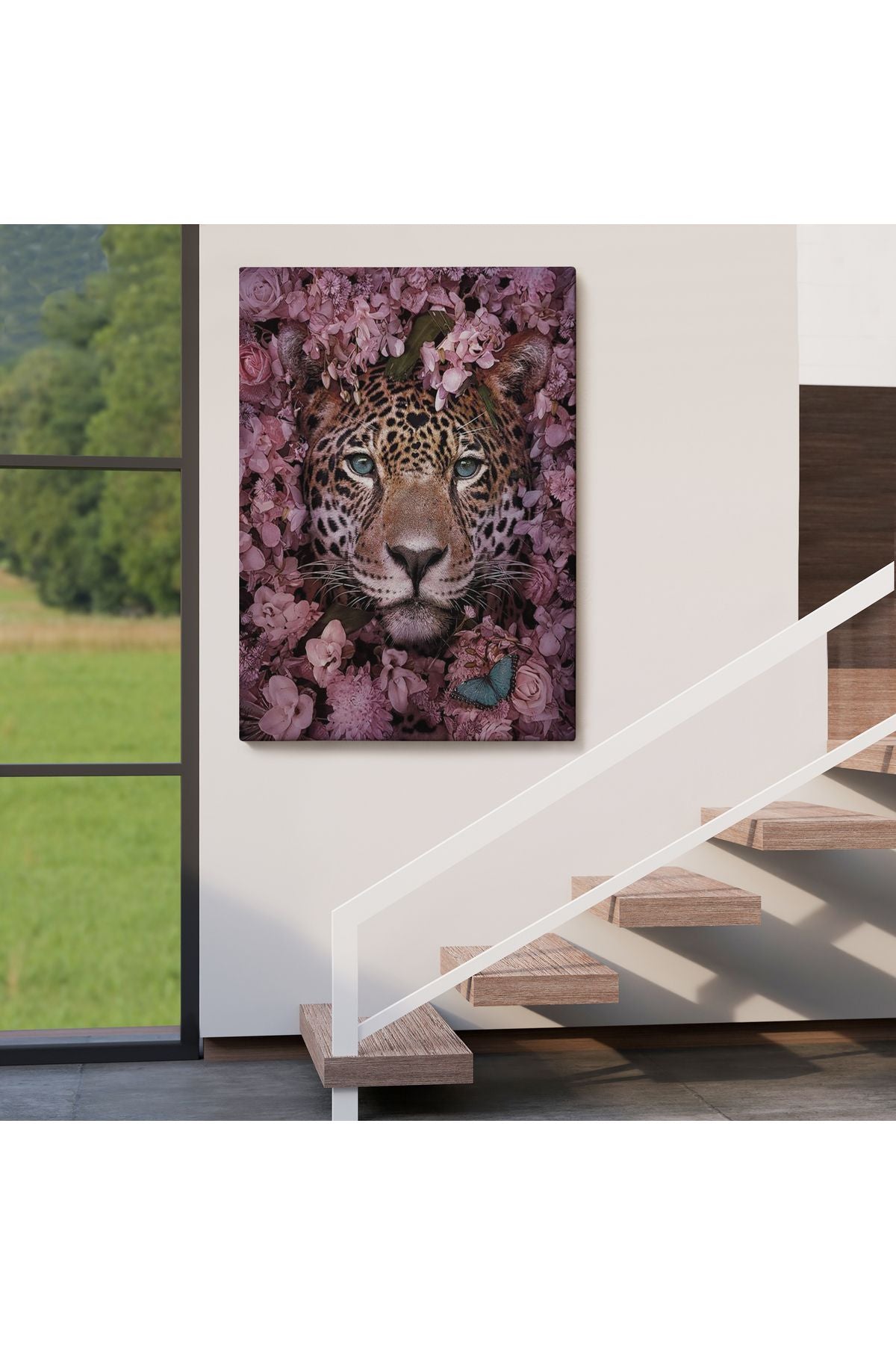 Pembe Çiçekler Arasında Vahşi Leopar Dekoratif Duvar Tablosu-6195