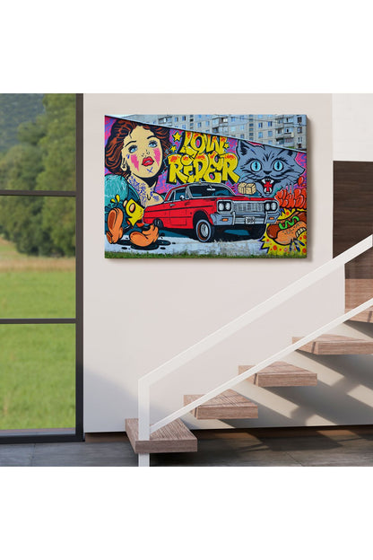 Grafiti İle Yapilmiş Retro Kırmızı Araba Kanvas Tablo-5027