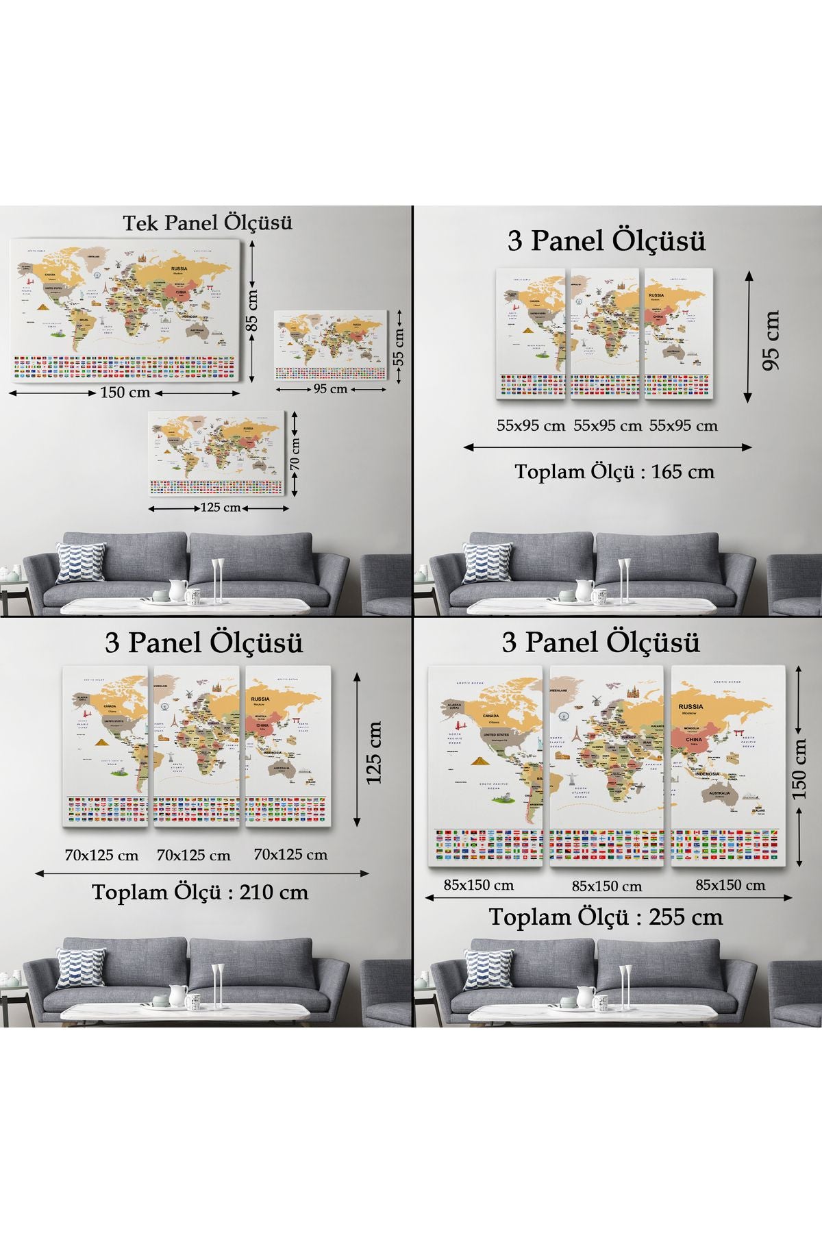 Dünya Haritası Ülke Bayraklı ve Başkentli Kanvas Tablo 1935
