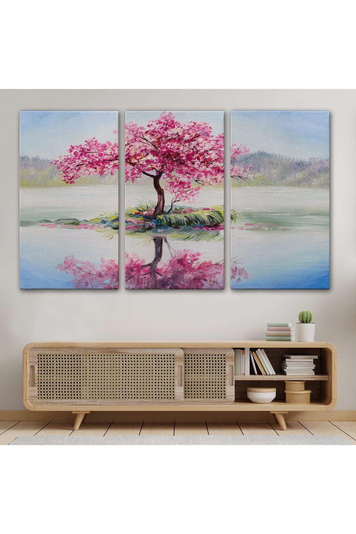 Gölde Sakura Ağacı Yağlıboya Görünüm Kanvas Duvar Tablosu-3494