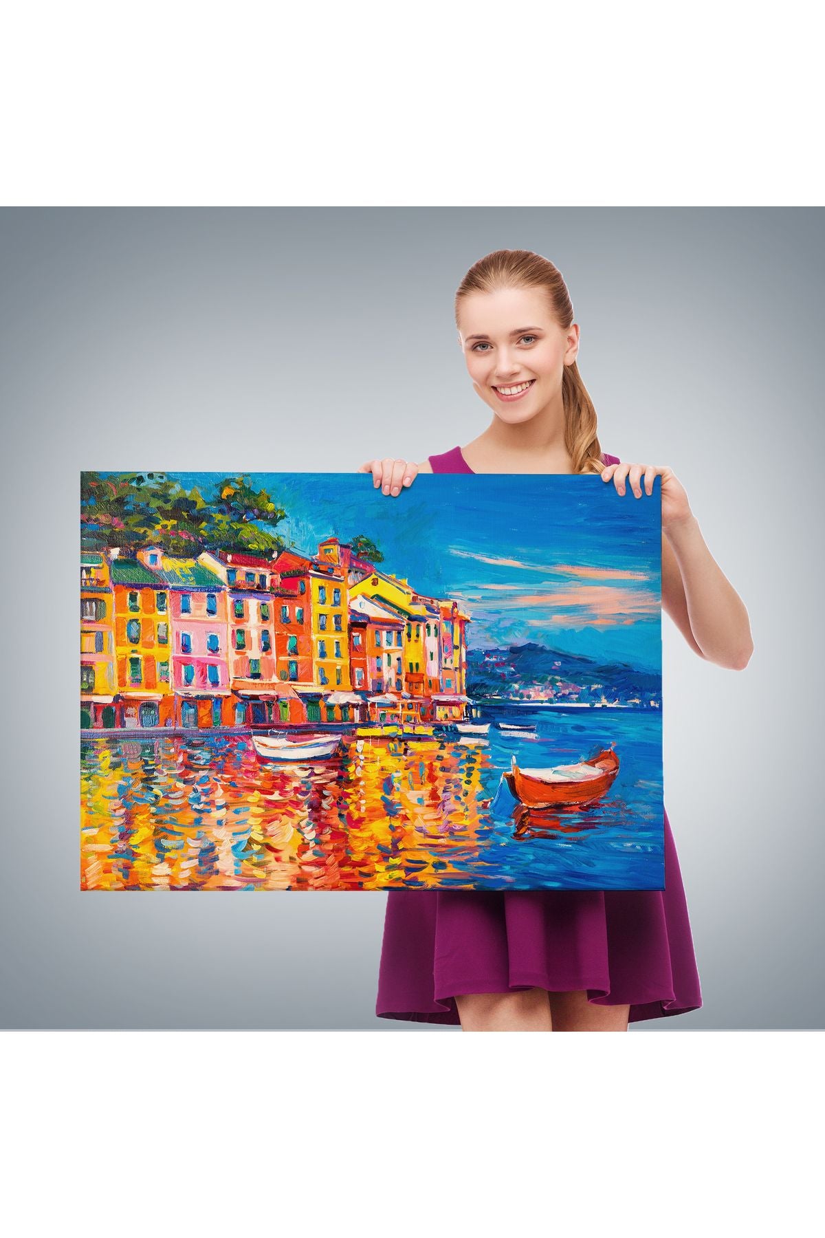 Deniz de Tekneler Yağlıboya Görünüm Dekoratif Kanvas Duvar Tablosu-3457