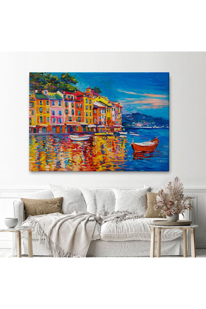 Deniz de Tekneler Yağlıboya Görünüm Dekoratif Kanvas Duvar Tablosu-3457