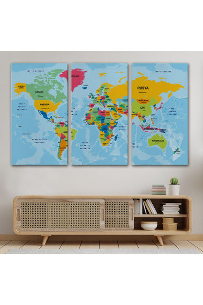 Türkçe Dünya Haritası Ülke Başkentli ve Okyanuslu Dekoratif Kanvas Tablo 2242
