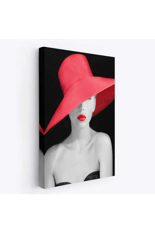 Kırmızı Rujlu ve Kırmızı Şapkalı Zarif Genç Kadın Kanvas Tablosu-4974