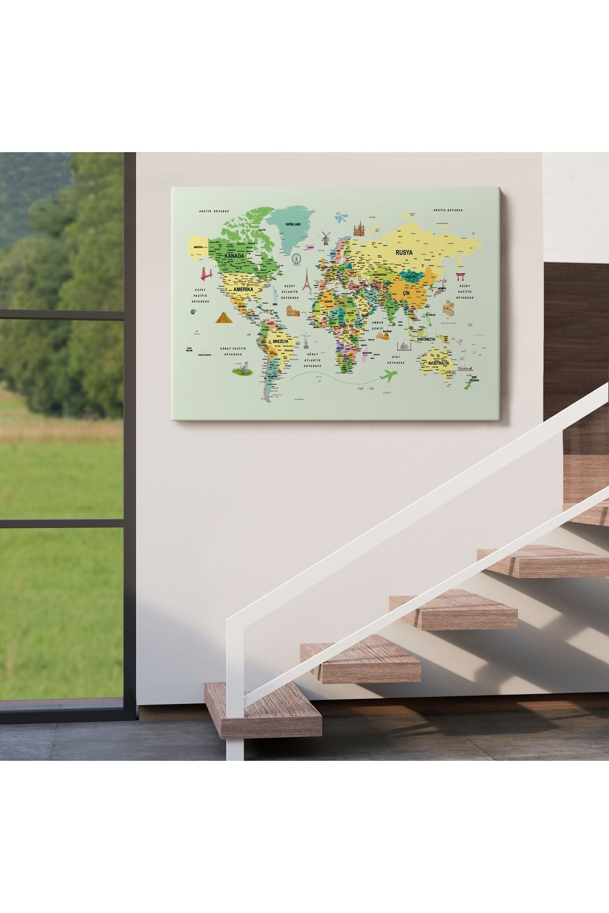 arg001 seri Türkçe Dünya Haritası Çok Detaylı Ünlü Yerler Sembollü Kanvas Tablo 1741