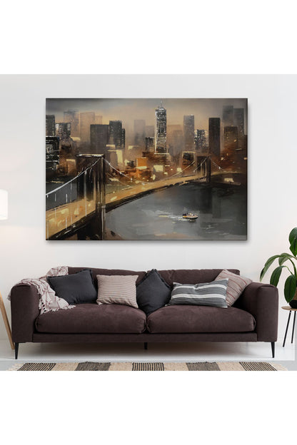 New York Nehir ve Köprü Manzarası Duvar Tablosu-3733