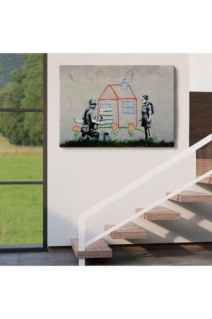 Bansky Çocuğun Çizdiği Evin Kapısını Kapatan Adam Kanvas Tablo-5019