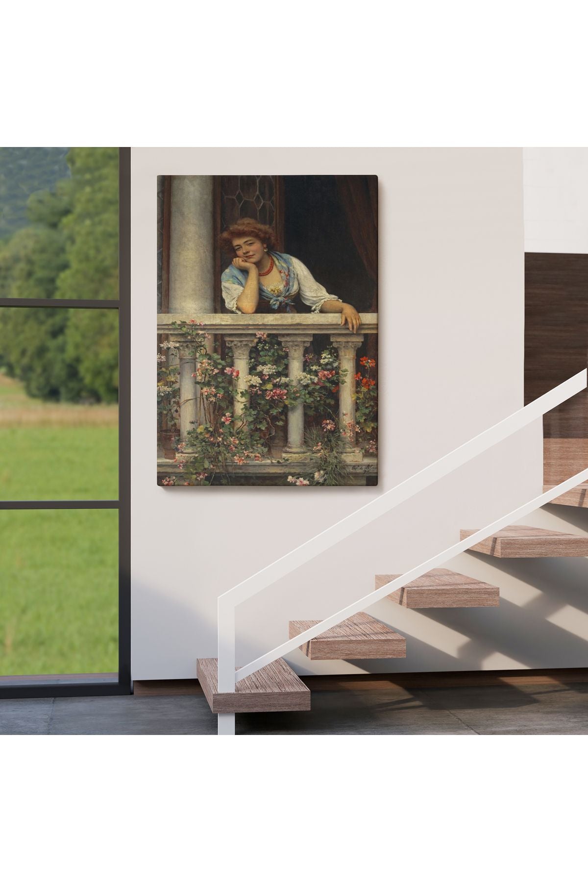 Çiçekli Balkonda Sevgilisini Bekleyen Güzel Kadın Tablosu-6205