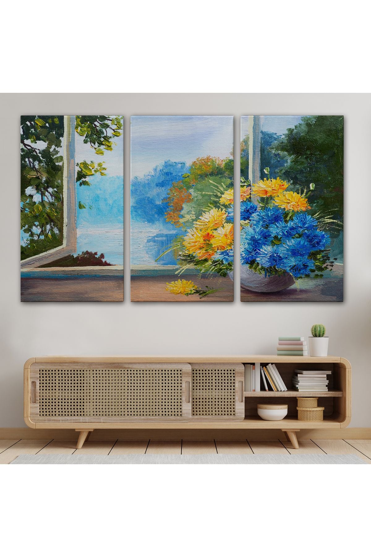 YB Pencere Kenarıdaki Çiçek Buketi Kanvas Duvar Tablosu-3453